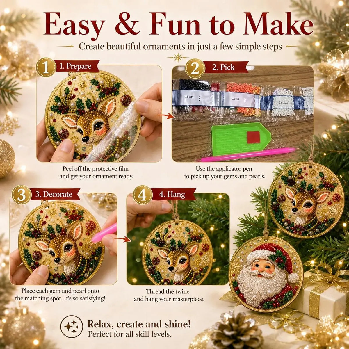 6Pcs Christmas DIY Diamond Painting Ornaments Kit – Sparkling Holiday Craft Set